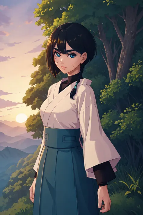 a woman in a white shirt and blue skirt standing in front of a mountain