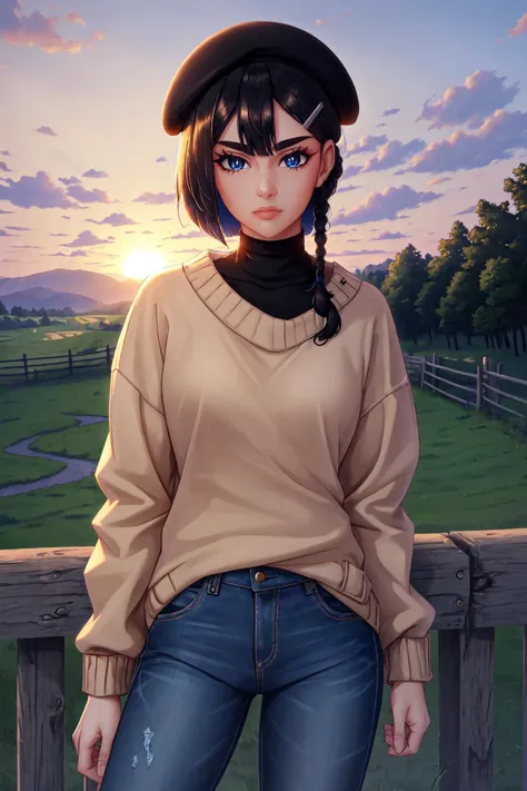 anime girl with a hat and jeans posing on a fence