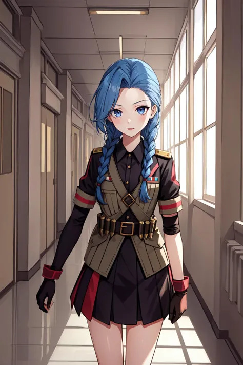 a woman in uniform walking down a hallway with blue hair