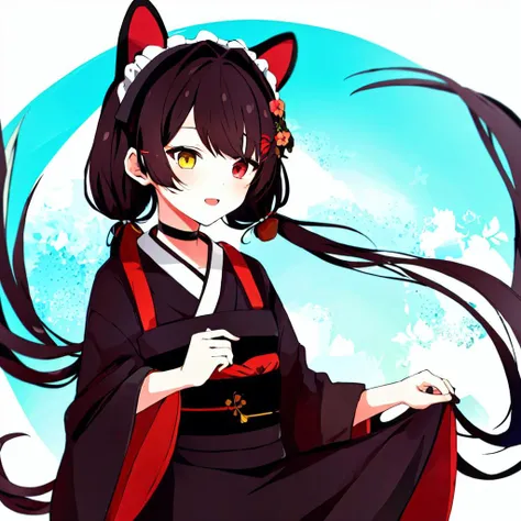 inui toko,solo,1girl,<lora:inui toko:1.0>,1girl, inui toko, virtual youtuber, wa maid, heterochromia, animal ears, solo, japanese clothes, low twintails, dog ears, red eyes, hair ornament, hair flower, flower, kimono, yellow eyes, twintails, sash, maid hea...