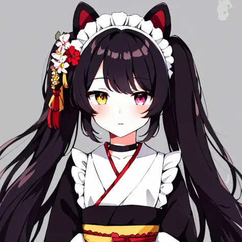 inui toko,solo,1girl,<lora:inui toko:0.9>,1girl, virtual youtuber, inui toko, animal ears, heterochromia, solo, red eyes, yellow eyes, japanese clothes, dog ears, long hair, maid headdress, wa maid, kimono, sash, twintails, low twintails, obi, black kimono...