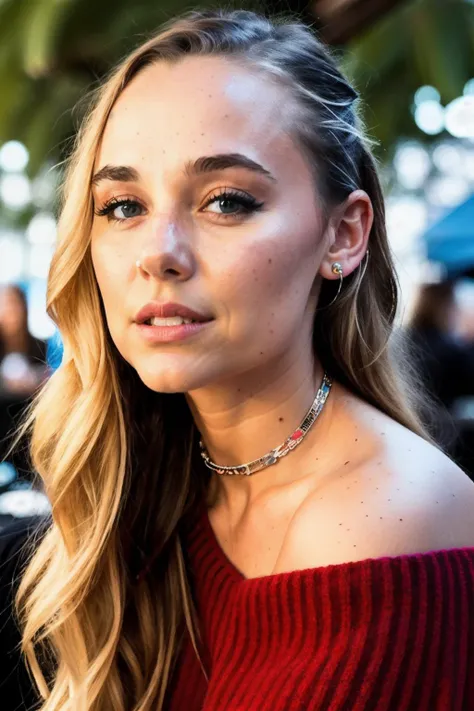 madisonL1 piercing eyes, looking straight, very happy,long hair, wearing an off-shoulder sweater, choker, closeup portrait, in a outdoor cafe in 2015, afternoon light