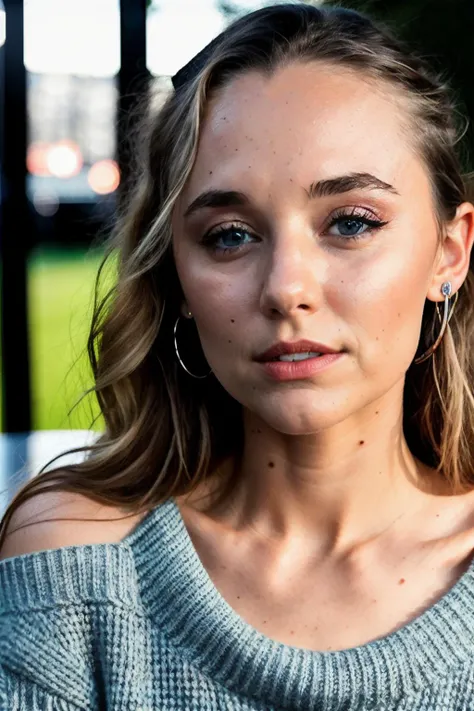 madisonL1 piercing eyes, looking straight, very happy,long hair, wearing an off-shoulder sweater, choker, closeup portrait, in a outdoor cafe in 2015, afternoon light