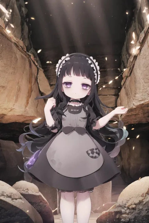 <lora:hardgore2:1.0>, hardgore alice, hairband, bags under eyes, purple eyes, black hair, black dress, <lora:Cave-10:0.8>, (cave interior:1.2), rock, gem