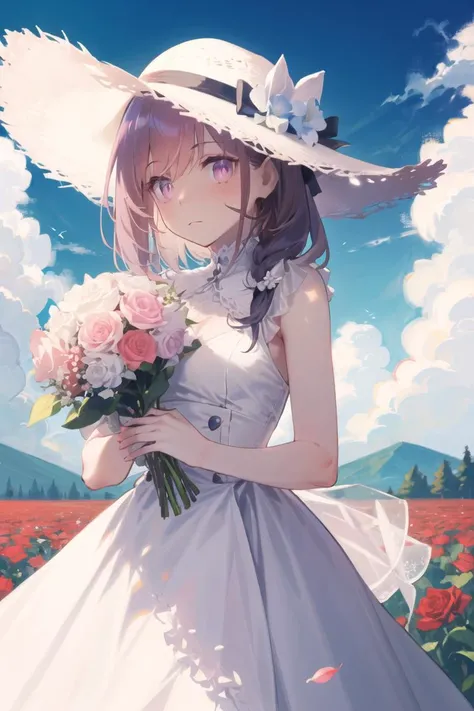 ((masterpiece, best quality)), 1girl, flower, solo, dress, holding, sky, cloud, hat, outdoors, bangs, bouquet, rose, expressionless, blush, pink hair, flower field, red flower, pink eyes, white dress, looking at viewer, midium hair, holding flower, small b...