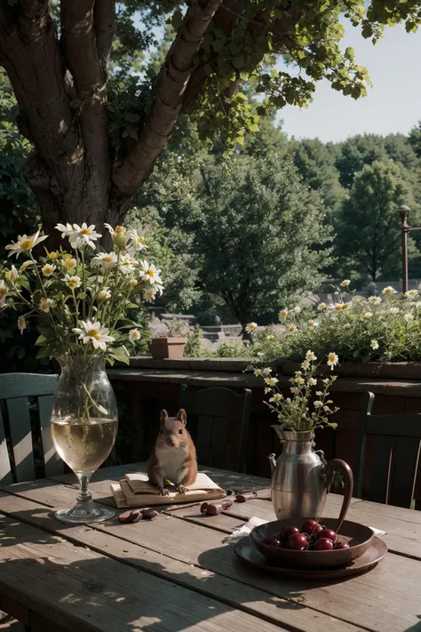 valkyrieAI, summer trees, lilies, daisies, cherry blossom, a garden and a wooden table, squirrel over table, morning, outside<lora:valkyrie_movie_offset:1>