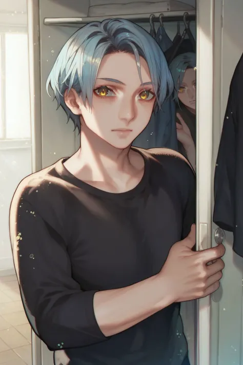 score_9, score_8_up, score_7_up, 1boy, looking at viewer, bashful, light blue hair, low-fade, yellow eyes, black long-sleeve shirt, glitter particles, closet <lora:AOIN_PonyXL_style_v01:1>