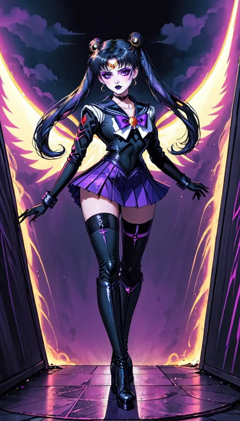 <lora:HellscapeMoonXL:1> Hellscape Sailor Moon, goth makeup, thighhighs, pleated purple miniskirt, black footwear, black hair, black jacket