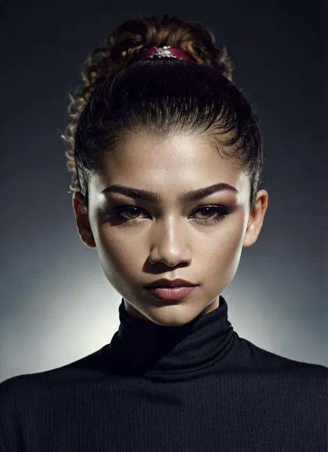 A stunning intricate full color portrait of (sks woman:1), wearing a black turtleneck, epic character composition, by ilya kuvshinov, alessio albi, nina masic, sharp focus, natural lighting, subsurface scattering, f2, 35mm, film grain, <lora:locon_zendaya_...