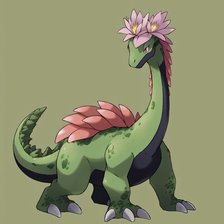 masterpiece, best quality, expressive eyes, absurdres, <lora:PokemonDna-20:1> (pokemondna:0.8), theropod, long neck, moss growing on back, flower petal mane, green scales, red jagged crest,