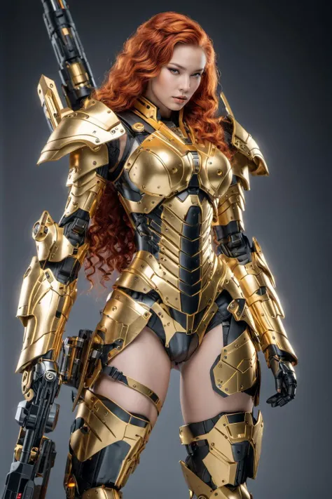 , <lora:EnvyCyborgXL01:1.4> sexy robot waifu, warrior, black and gold armor, redhead with white fangs, badass pose,, beautiful 18yo girl, photo shoot model, studio, glamour pose,full body, feet, pose, detailed eyes, perfect anatomy,, more realistic photo o...