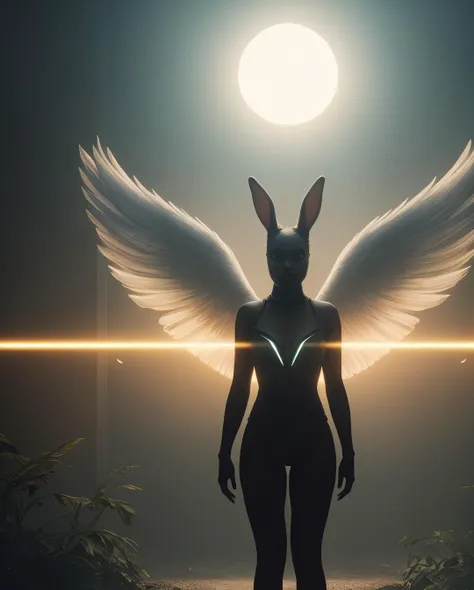 a woman in a bunny suit stands in front of a bright light