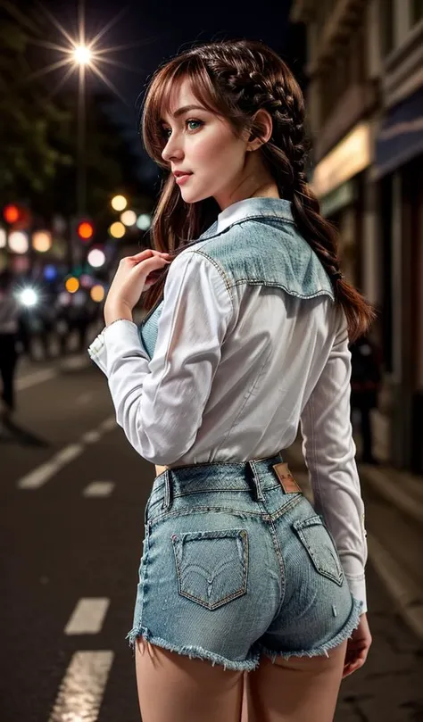 a close up of a woman in a short jean shorts on a city street