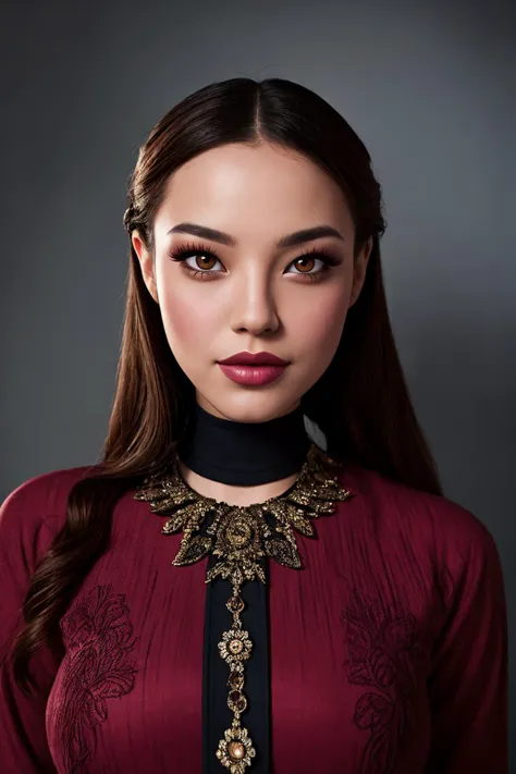 a close up of a woman wearing a red dress and a black choke