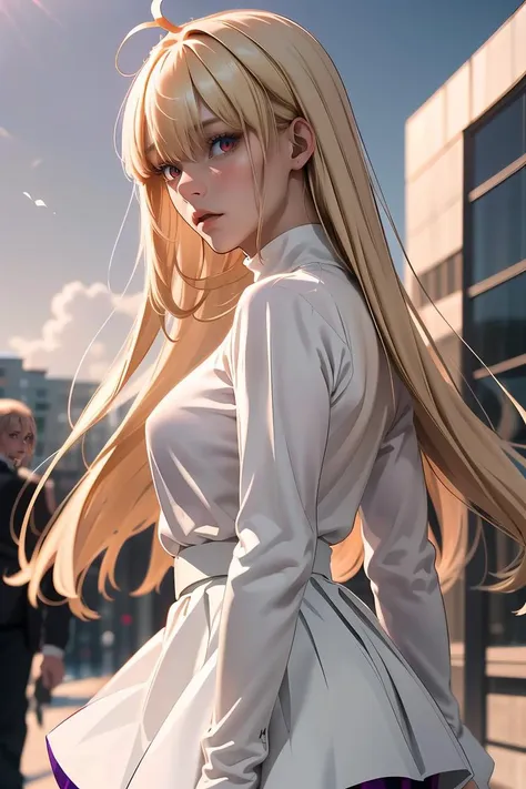 anime girl with long blonde hair and blue eyes standing in front of a building