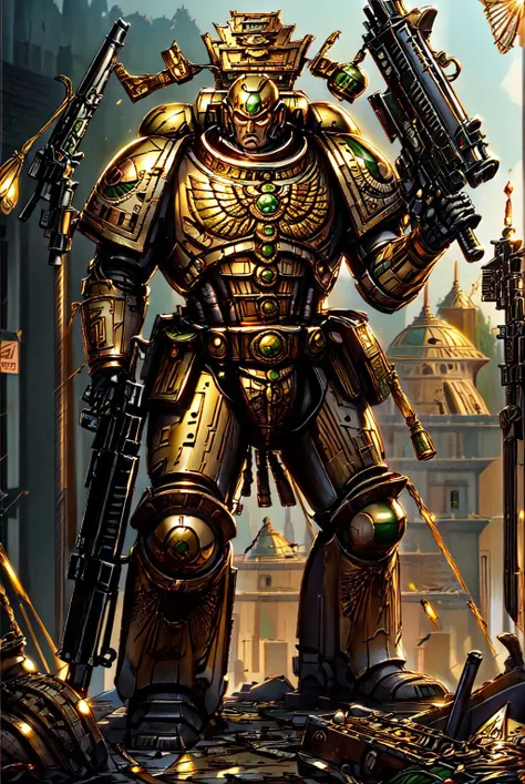 primaris, full body shot, battlefield background, standing, holding rifle, mayanworld, template, gold, tablet, carving, gold, jewels,