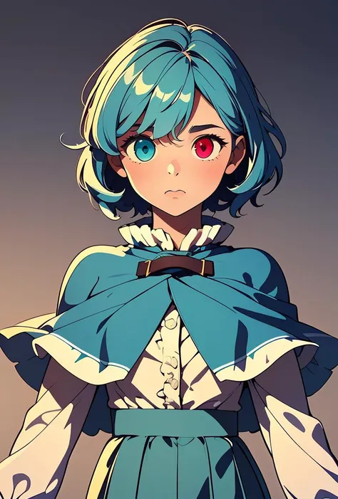 (masterpiece, best quality), 1girl,   <lora:1730290405606130953:0.8> 1girl, Kogasa Tatara, short teal hair, (heterochromia: blue right eye, red left eye), blue capelet, frills, white long-sleeved shirt, frills, teal skirt, high-waist skirt,