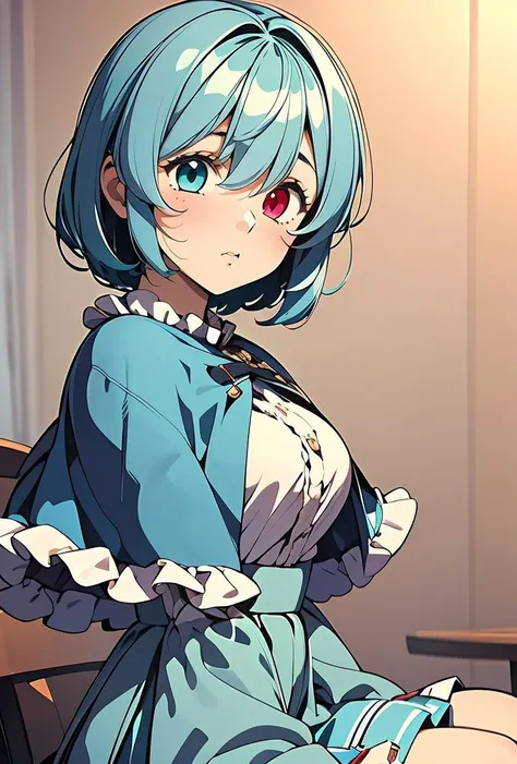 (masterpiece, best quality), 1girl,   <lora:1730290405606130953:0.8> 1girl, Kogasa Tatara, short teal hair, (heterochromia: blue right eye, red left eye), blue capelet, frills, white long-sleeved shirt, frills, teal skirt, high-waist skirt,