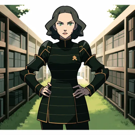 a close up of a person in a black outfit standing in a library