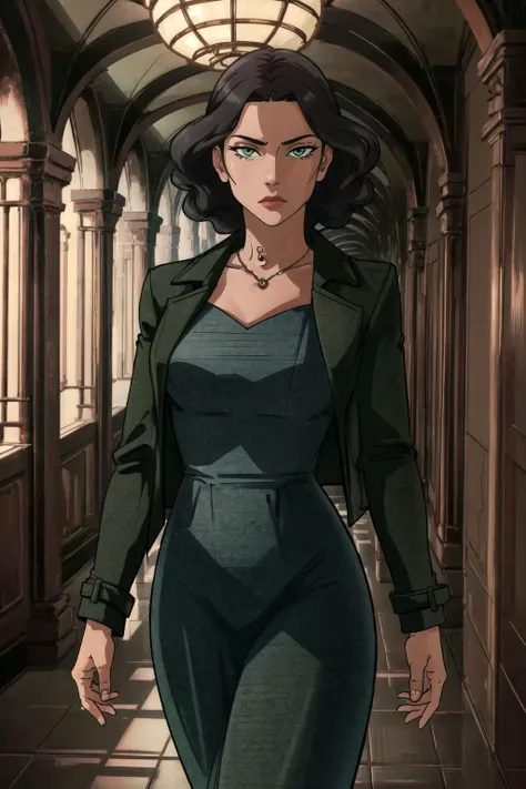 masterpiece, best quality, 1girl, ultra highres
BREAK
<lora:LinTLOK:0.6> LinTLOK, ((open jacket, dark green trench coat, light green gown)), green eyes
BREAK
(indoors, hallway, gorgeous view), looking at viewer, expressionless, hand in hair