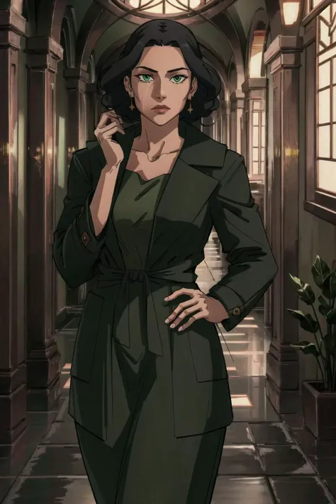 masterpiece, best quality, 1girl, ultra highres
BREAK
<lora:LinTLOK:0.6> LinTLOK, ((dark green coat, open jacket, light green gown)), green eyes
BREAK
(indoors, hallway, gorgeous view), looking at viewer, expressionless, hand in hair