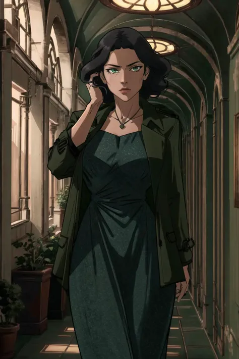 masterpiece, best quality, 1girl, ultra highres
BREAK
<lora:LinTLOK:0.6> LinTLOK, ((open jacket, dark green trench coat, light green gown)), green eyes
BREAK
(indoors, hallway, gorgeous view), looking at viewer, expressionless, hand in hair