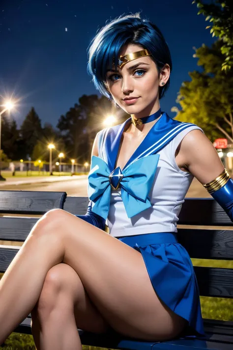 SailorMercury, short blue hair, blue eyes, gold circlet, choker, sailor senshi uniform, white elbow gloves, blue serafuku, blue skirt, elbow gloves, blue bow, looking at viewer, serious, smirk, sitting, on bench, legs crossed, outside, park, trees, night t...