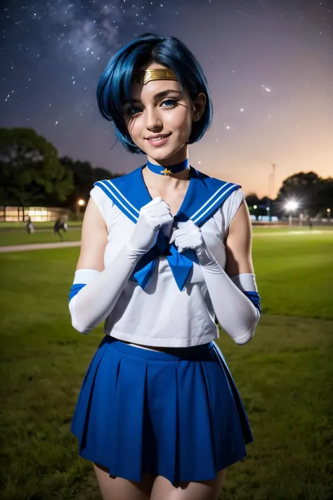 SailorMercury, short blue hair, blue eyes, gold circlet, choker, sailor senshi uniform, white elbow gloves, blue serafuku, blue skirt, elbow gloves, blue bow, looking at viewer, smiling, standing, outside, park, field, night, stars, high quality, masterpie...