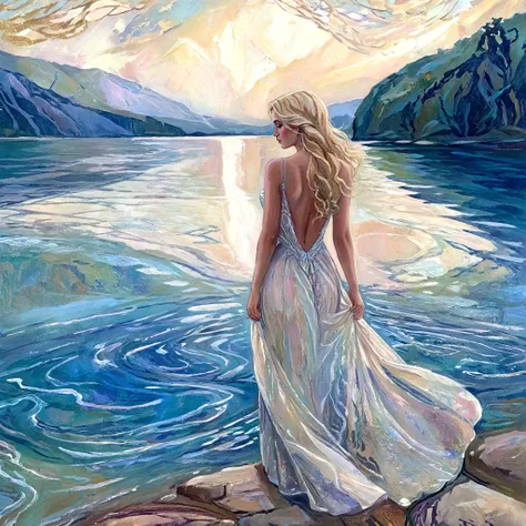 painting , fleeting, ethereal, alluring, sparkling, artistic, mysterious, delicate, complex,  twisted, blonde lady on the shore looking out over a lake of water, cinematic