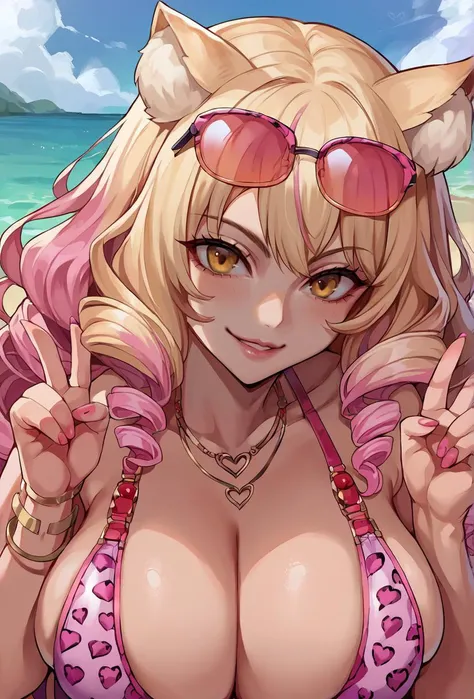 score_9, score_8_up, score_7_up, score_6_up, score_5_up, score_4_up, source_anime BREAK 1girl, solo,
outdoors,beach, sunlight, horizon, blue sky, sun, ocean, 
smile, lips, make up, kogal,skindentation, huge breasts, upper body, double v, breast focus, tan,...