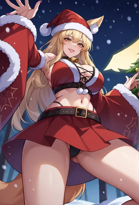 score_9, score_8_up, score_7_up, score_6_up, score_5_up, score_4_up, source_anime BREAK 1girl, solo,
outdoors, snow, snowing, christmas, christmas tree, cowboy shot, looking at viewer, 
smile, lips, make up, kogal, large breasts, cleavage, midriff, navel, ...