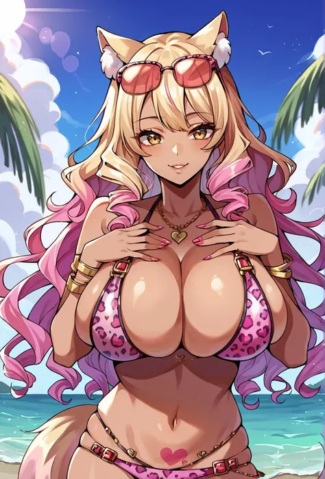 score_9, score_8_up, score_7_up, score_6_up, score_5_up, score_4_up, source_anime BREAK 1girl, solo,
outdoors,beach, sunlight, horizon, blue sky, sun, ocean, 
smile, lips, make up, kogal,skindentation, huge breasts, upper body, hands on own chest, breast f...