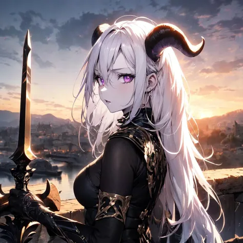 from side, looking at viewer, 1girl, 30 years old, pale skin, white hair, long hair, purple eyes, medium breasts, black horns, black nails, dress, gauntlets, spear, castle, sunset, outdoors