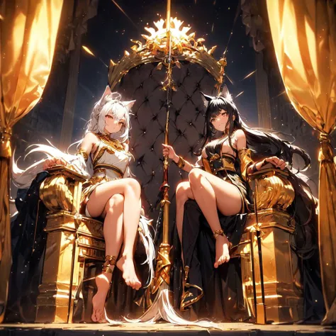 sitting, legs crossed, looking at viewer, half-closed eyes, 2girls, tan skin, 30 years old, black hair, very long hair, ponytail, golden eyes, glowing eyes, wolf ears, wolf tail, medium breasts, dress, golden trim, crown, staff, throne, curtain, feet