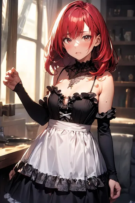 (masterpiece, best quality), 1girl, red hair, medium chest, gothic frill dress, pervert face,