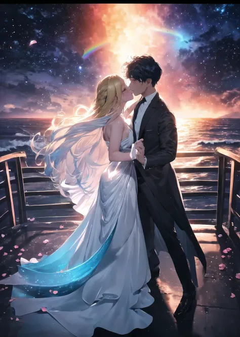 extremely delicate and beautiful,(fantasy),ultra detailed,(extreme detailed illustration),(extremely detailed CG unity 8k wallpaper),highres,perfect lighting,
//,
Beautiful sunset sea,calm waves,shining waves,((big rainbow)),colorful,a young couple dancing...