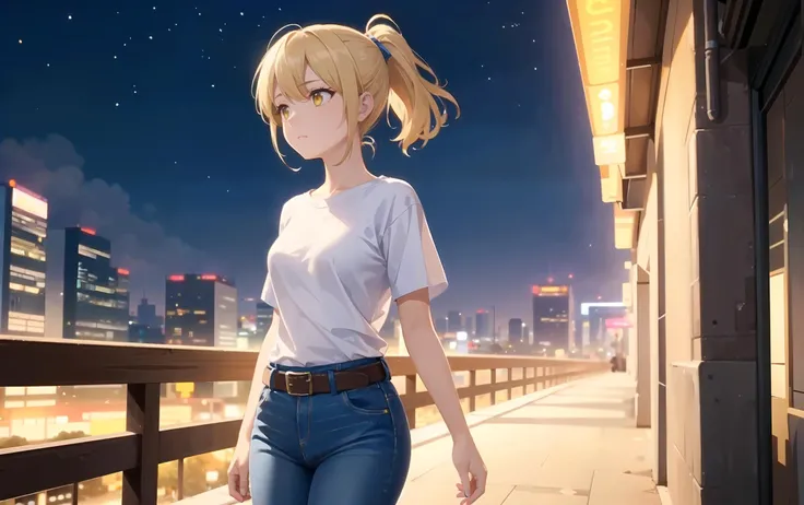 1girl, solo focus, medium hair, ponytail, blonde hair,beautiful face, bright yellow eyes,  (white t-shirt:1.1), brown belt, jeans, blue ribbon, looking away, sad,  wide shot, walking, city background, futuristic city, night, moody,cyberpunk, depth_of_field...