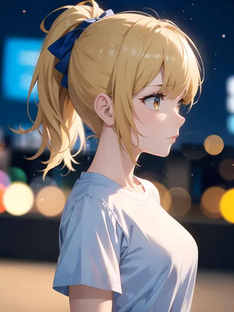 1girl, solo focus, medium hair, ponytail, blonde hair,beautiful face, bright yellow eyes,  white t-shirt,  blue ribbon, looking away, sad,  (close up:1.0), (bokeh:1.2), blurred background, city background, futuristic city, night, moody,cyberpunk, depth_of_...