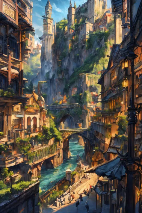 Landscape,distant view,fantasy style,medieval architecture,white brick walls,orange roofs,cobblestone roads,bustling shops,vendors,shouting,customers,lively streets,background crowd in medieval attire,sentinels in armor,city gate,a few prominent pedestrian...