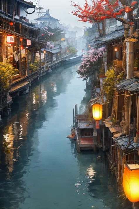 landscape,water town,commercial street,central waterway,small boats,wooden arch bridge,tourists standing,scenic background,traditional architecture,cobblestone path,lanterns,local shops,bustling atmosphere,reflections on water surface,serene river,clear sk...