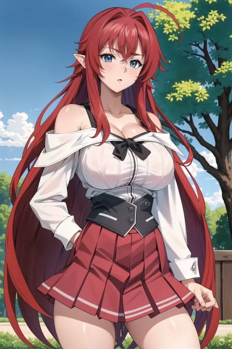 masterpiece, ((best quality)), ((highly detailed)),((detailed eyes, deep eyes)), ((1girl:1.2)),solo ((big breasts:1.4)), pikkyriasgremory, 1girl, rias gremory, breasts, long hair, skirt, ahoge, red hair, solo, blue eyes, outdoors, pointy ears, cleavage, la...