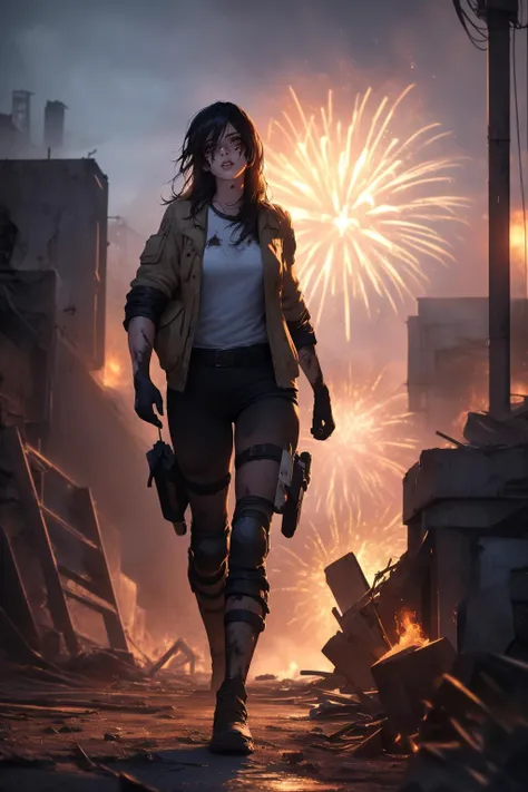 (high quality, best quality, highres, masterpiece:1.2), (postapocalyptic :1), (1girl, woman, naughty face:1.1), (inventive pyrotechnist, wearing clothes with burn marks, handling fireworks:1), (black_hair, long_hair, hair_flaps:1), (:1), (on scenic marketp...