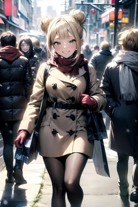 masterpiece, best quality, 1girl, toga himiko, boku no hero academia, shiny skin, cinematic lighting, medium breasts, looking at viewer, messy hair, blonde hair, double bun, yellow eyes, solo, autumn, outdoors, smile, blush, windy, snow,
winter coat, duffl...