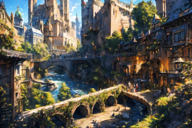 Landscape,distant view,fantasy style,medieval architecture,white brick walls,orange roofs,cobblestone roads,bustling shops,vendors,shouting,customers,lively streets,background crowd in medieval attire,sentinels in armor,city gate,a few prominent pedestrian...