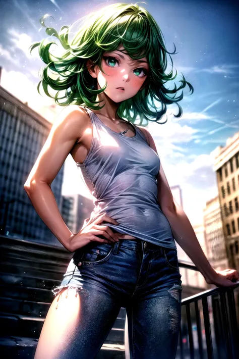 anime girl with green hair and piercings posing on a railing