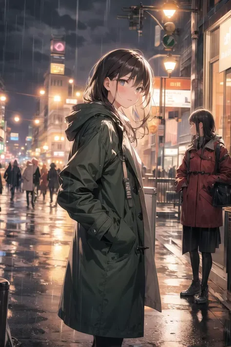 1girl,night city,rain,coat,hands in pockets