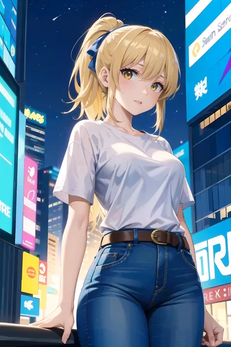 1girl, solo focus, medium hair, ponytail, blonde hair,beautiful face, bright yellow eyes,  white t-shirt, brown belt, jeans, blue ribbon, cowboy_shot, city background, futuristic city, night, moody,cyberpunk,