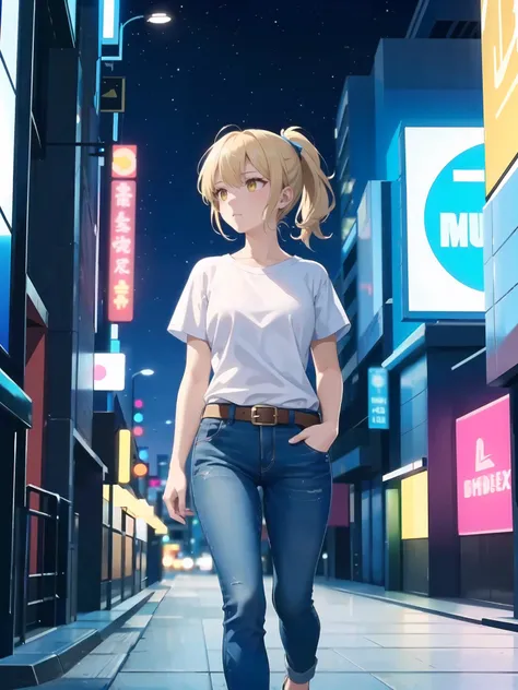 1girl, solo focus, medium hair, ponytail, blonde hair,beautiful face, bright yellow eyes,  (white t-shirt:1.1), brown belt, jeans, blue ribbon, looking away, sad,  full body, walking, city background, futuristic city, night, moody,cyberpunk, depth_of_field...