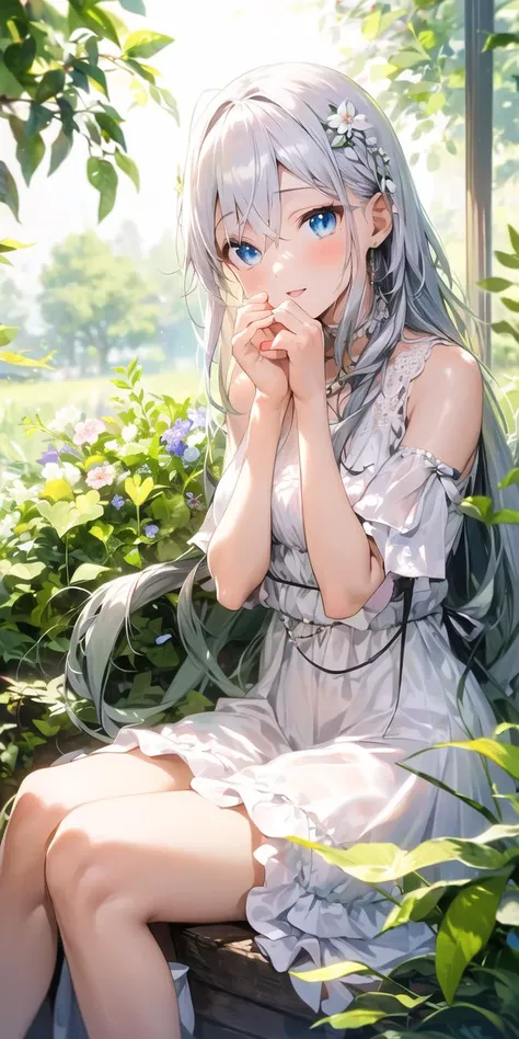 (masterpiece, best quality),1girl with long white hair sitting in a field of green plants and flowers, her hand under her chin, warm lighting, white dress, blurry foreground
<lora:apstyle3diff:1> apstyle3 apstyle masterpiece best quality detailed eyes