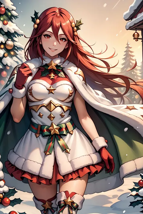 anime girl in a christmas outfit standing in front of a christmas tree